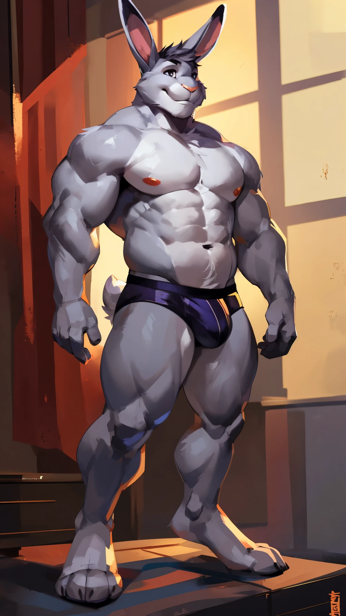 Medium muscular, rabbit, light gray, light gray rabbit, rabbit in underwear, black underwear, box underwear, long ears, posing, with short tail, anatomy, good anatomy, perfect anatomy, male anatomy, perfect body, full body, waist, strong legs, feet, By mystikfox61