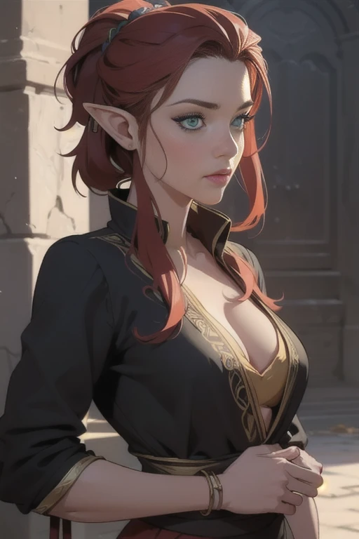 Ancient, noble elf, Viola, Scarlet hair, Green eyes, rings, female creature, prehistoric era, heiress, Extremely realistic shading, masterpiece, extremely detailed, photorealistic, perfect lighting,