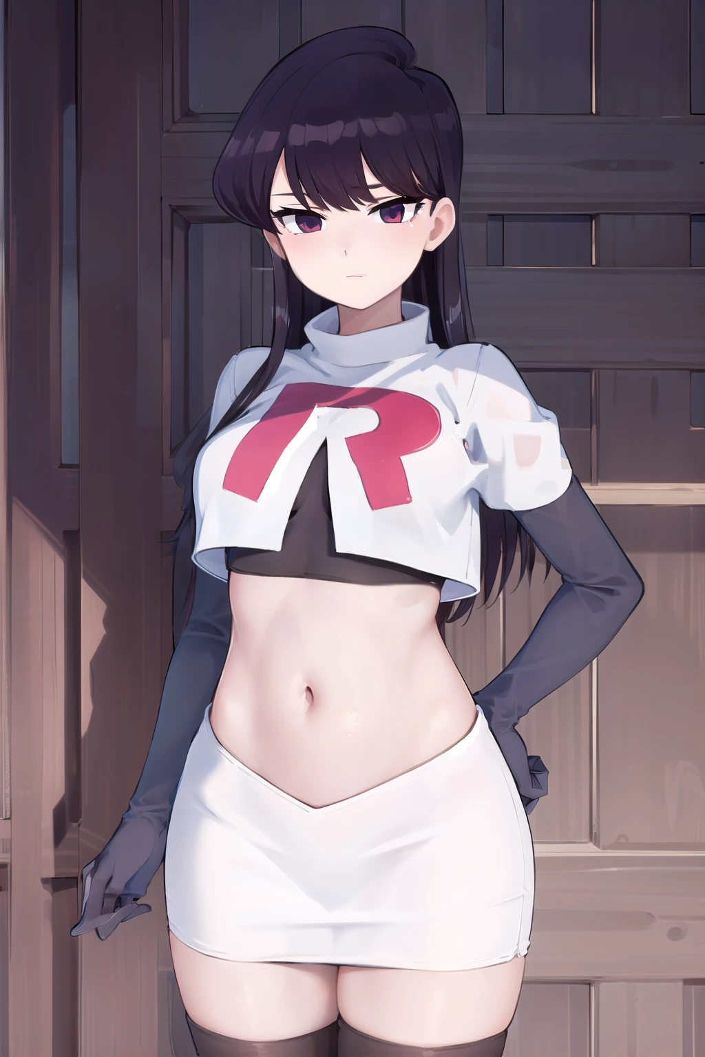 masterpiece, best quality, 1girl, solo, komi-san wa komyushou desu, looking at viewer, team rocket,team rocket uniform,white skirt,red letter R,crop top,black thigh-highs, cowboy shot 