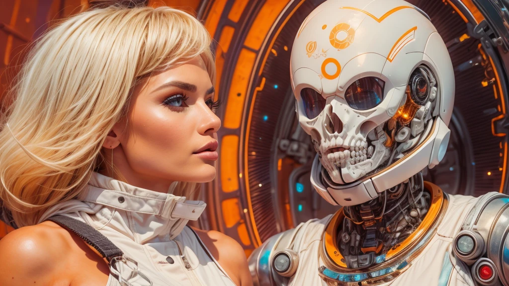 arafed image of a white woman in a futuristic suit with a spaceship in the background, movie art, in front of an orange background, inspired by Robert McGinnis, female protagonist, megastructure in the background, portrait of an ai astronaut, astronauts, an astronaut, portrait of a astronaut skeletor, perfect android girl, detailed eyes, perfectly detailed teeth, frank franzzeta and sakimichan  