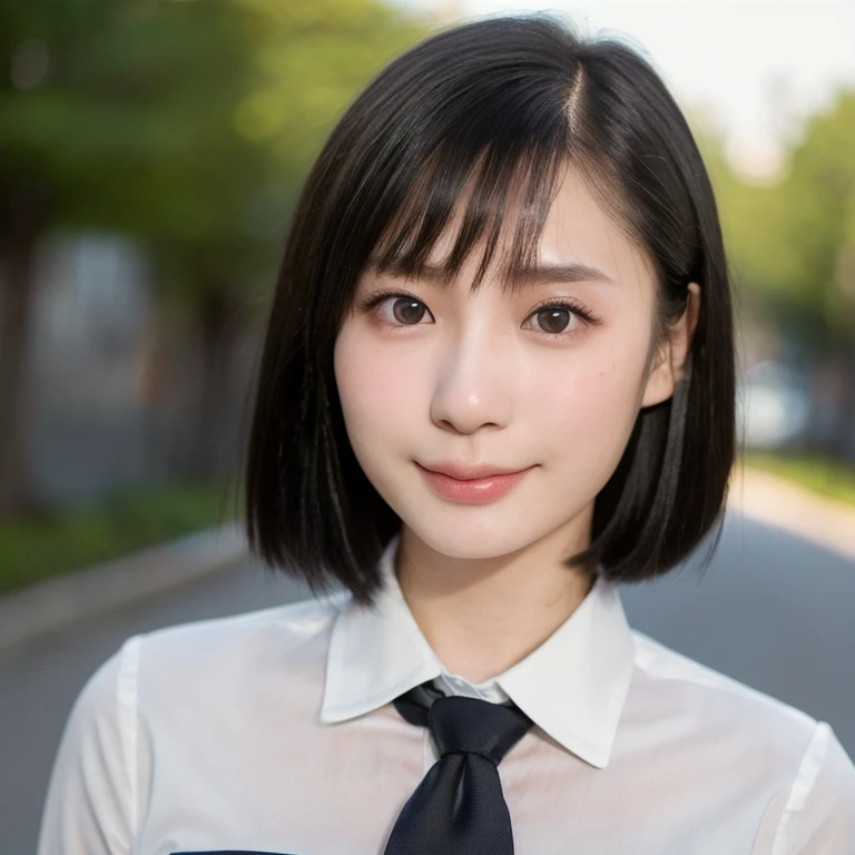 (kawaii 24year-old Japanese girl, Nogizaka idol, Korean idol), (glossy black hair, very short hair, pixie cut:1.3), (rounded face, black eyes, single eyelid, no makeup, soft smiling:1.2), (wearing highschool uniform, silky white collared shirt, necktie:1.3), (flat chest, extra small breasts:0.8), (looking at viewer:1.2), BREAK, (sunny day outside background:1.3), (view from forward, portrait, close shot:1.3), BREAK, (masterpiece, best quality, photo realistic, official art:1.4), (UHD, 8K quality wallpaper, high resolution, raw photo, golden ratio:1.2), (shiny skin), professional lighting, physically based rendering, award winning, (perfect anatomy, highly detailed skin, extremely detailed face and eyes), Carl Zeiss 85 mm F/1.4, depth of field, 1girl, solo,