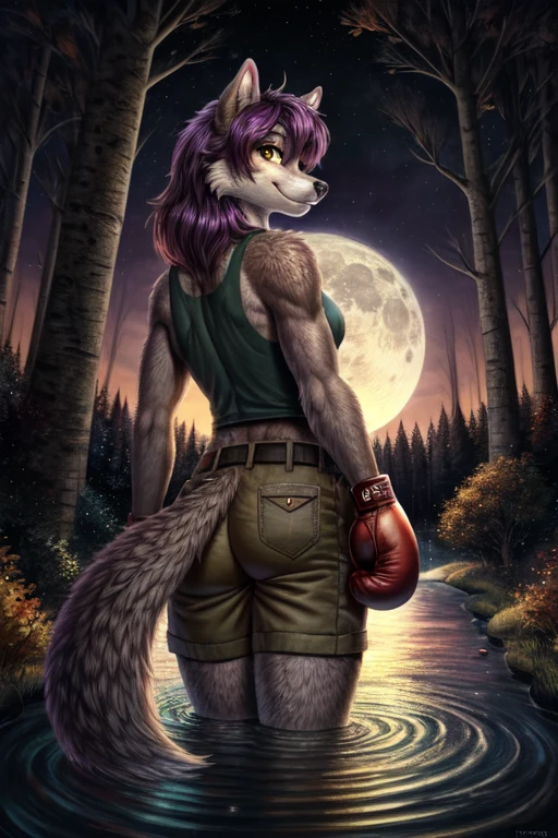 ((best quality)), ((masterpiece)), (detailed), perfect face, Furry, anthropomorphic wolf, Light Gray fur, Yellow eyes, 45" Chest, 20" shoulders, 15" Biceps, 34" waist, 24" thighs, 16" calves 19" Back, back turned away from viewer, looking back at viewer, turning around to face viewer, warm smile, gentle smile, friendly smile, extending hand to viewer, wearing white tank top, wearing green cargo shorts, wearing brown leather belt, wearing brown leather boots, wearing dark slate red-violet boxing gloves, August 31st, beginning of Autumn, forest scene, birch forest, located back behind a suburban cul-de-sac, Night Scene, Starry sky, Purple Sky, Full Moon, moon reflected in water, wading through Creek, dynamic lighting, perfect shading, soft shading, soft colors, vivid colors, pastel colors, Liminal space, dream core, nostalgia core, Anemoia, Kenopsia,