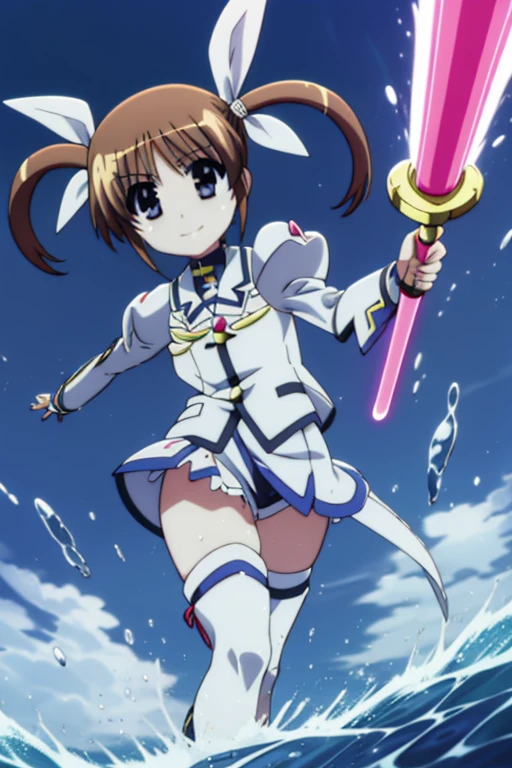 nanoha,smile,anime.wave hands,Magic Stick,Twin tails