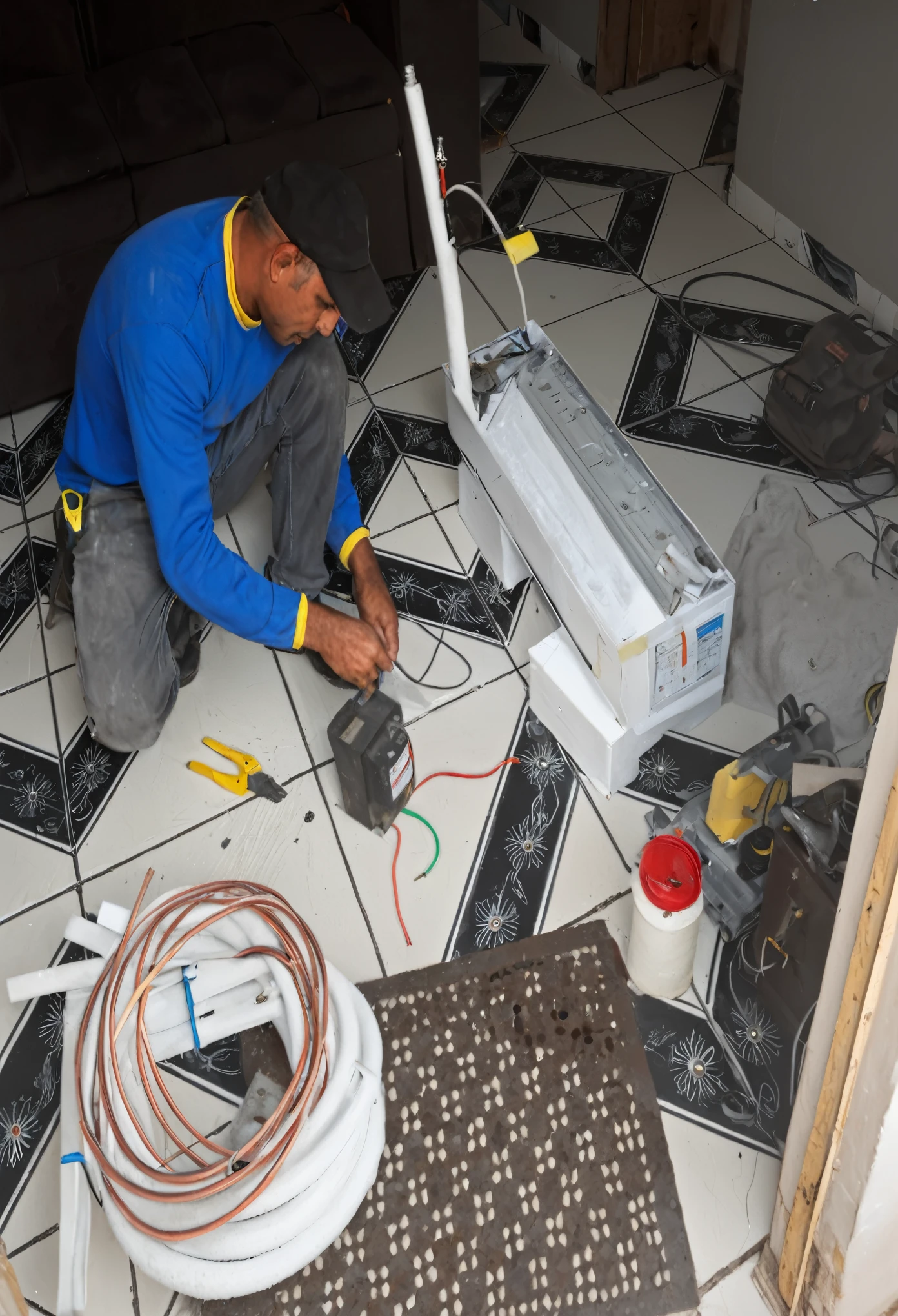 sharpened man working on a project on a tile floor, electrical wiring!, electrical, revestimento, maintenance, wiring, maintenance photo, trabalho profissional, Installation, competition winner, foto tirada em 2018, electric, electrical wires, por Milton Menasco, hand drawn, mechanic, mecanizado, carregado, electrical arcs, com cabos e fios saindo