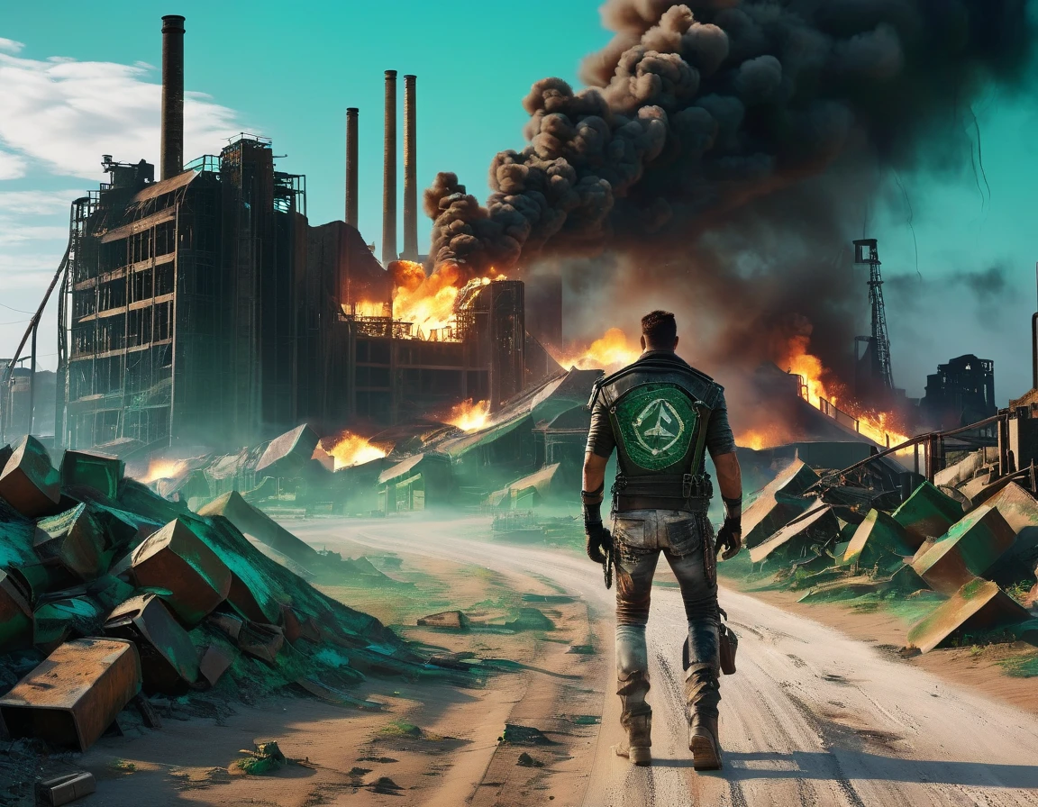 Post-apocalyptic wasteland:1.7, The backdrop of this masterpiece, Mad Max industrial style artifacts, epic, showing a destructive scene, abandoned factory, broken walls, rubble, barrels with fire inside, darkness, it is night, desolation, wind flying earth, showing a destructive apocalyptic scene, sand, Best possible quality, Ultra resolution 8K, Stunning illustration, best of all, Awarded, like being the best, leather jacket, pink sunglasses: 1.3, light ripped and frayed jeans, ((cyan, brown, green, white colors: 1.5) ), epic desert setting: 1.5, photorealistic: 1.4, skin texture: 1.4, super masterpiece, super detailed, hyper detailed, ((night, darkness: 1.6 )), 32K