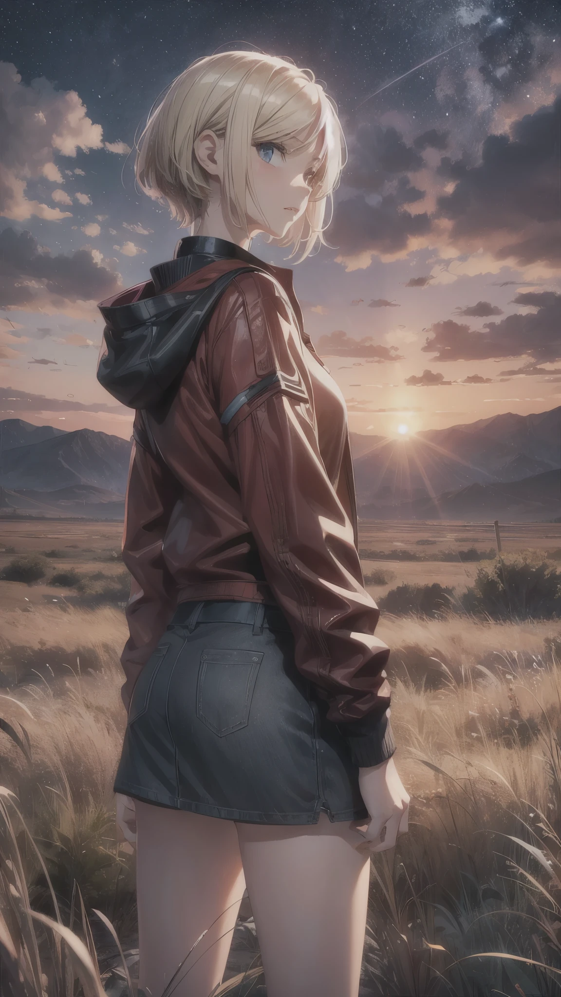 outside the red sky,A girl standing alone on a huge empty glass land,ruin,there is nobody in the huge grassland,A woman in her 20s with short blonde hair,(woman close up)