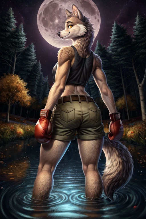 ((best quality)), ((masterpiece)), (detailed), perfect face, Furry, anthropomorphic wolf, Light Gray fur, Yellow eyes, 45" Chest, 20" shoulders, 15" Biceps, 34" waist, 24" thighs, 16" calves 19" Back, back turned away from viewer, looking back at viewer, turning around to face viewer, warm smile, gentle smile, friendly smile, extending hand to viewer, wearing white tank top, wearing green cargo shorts, wearing brown leather belt, wearing brown leather boots, wearing dark slate red-violet boxing gloves, August 31st, beginning of Autumn, forest scene, birch forest, located back behind a suburban cul-de-sac, Night Scene, Starry sky, Purple Sky, Full Moon, moon reflected in water, wading through Creek, dynamic lighting, perfect shading, soft shading, soft colors, vivid colors, pastel colors, Liminal space, dream core, nostalgia core, Anemoia, Kenopsia,