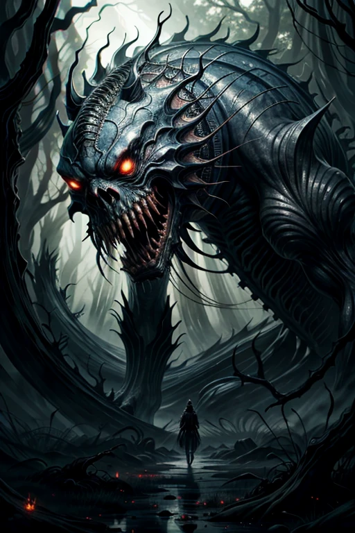 best quality,4k,8k,highres,masterpiece:1.2,ultra-detailed,realistic:1.37, menacing creature,monstrous,exquisite,poisonous,haunting,breathtaking design,dynamic angle,from the side,(An extraplanar life form is floating around, breathing an acid beam. Its grotesque anatomy resembles lovecraftian horrors),intricate patterns,mysterious atmosphere,shadowy brilliance,dimly lit, intense focus on details,gloomy and enigmatic, vivid colors,vibrant hues,subtle shading,stark contrast, soft and diffused lighting,casting eerie shadows, (exquisite biome),dense corrupted forest,mystical glow, imposing and menacing presence,nightmarish encounter,ominous aura,mystifying allure,venomous secretion, sinister vibration,spreading unease,inducing awe, magnificent creature,dark enchantment, gothic
