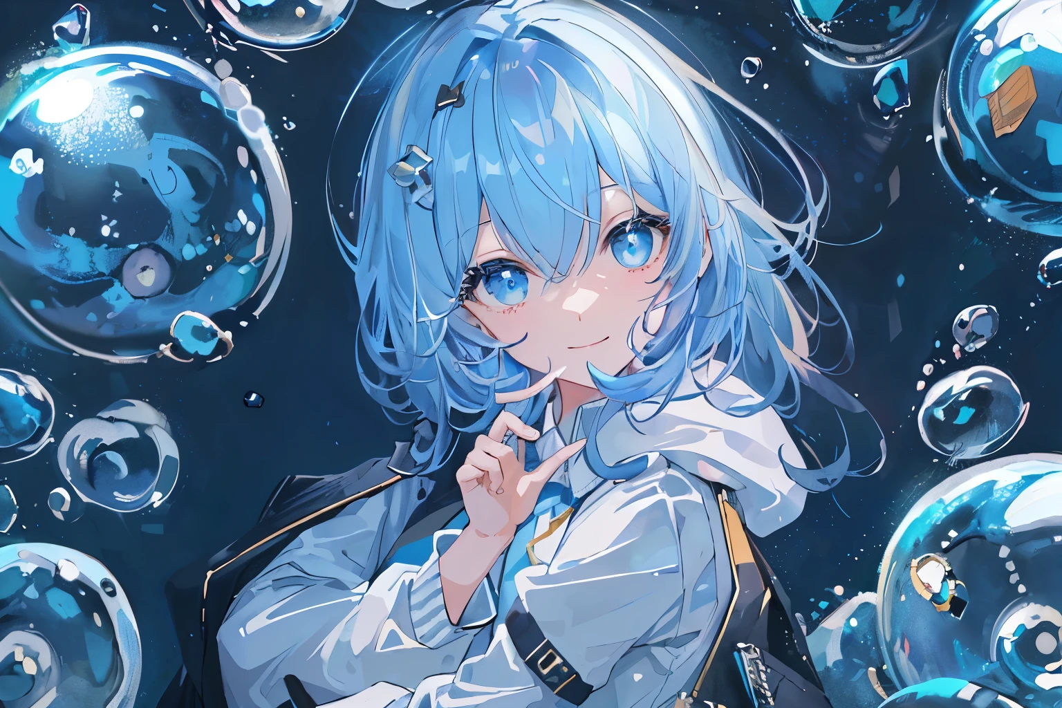 ((top-quality)), ((masterpiece)), ((ultra-detailliert)), (extremely delicate and beautiful), girl with, solo, cold attitude,((Black jacket)),She is very(relax)with the(Settled down)Looks,A dark-haired, depth of fields,evil smile,Bubble, under the water, Air bubble,bright light blue eyes,Inner color with light blue hair and dark blue tips,Cold background,Bob Hair - Linear Art, shortpants、knee high socks、White uniform like 、Light blue ribbon ties、Clothes are sheer、Hands in pockets