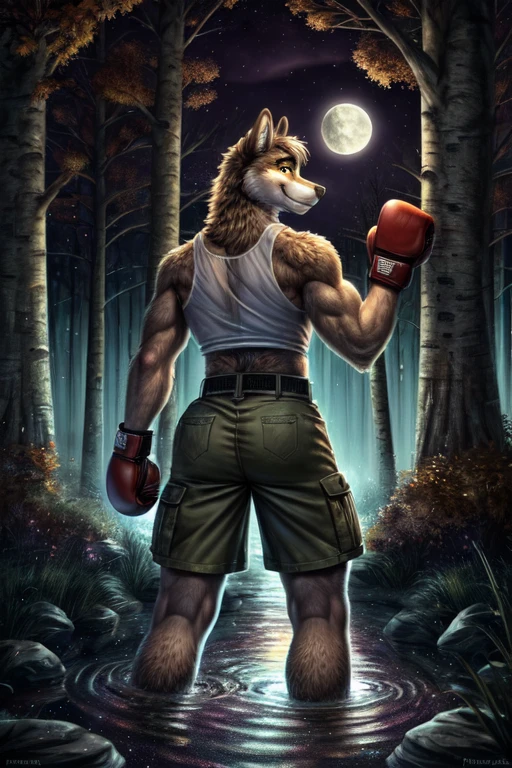 ((best quality)), ((masterpiece)), (detailed), perfect face, Furry, anthropomorphic wolf, Light Gray fur, Yellow eyes, 45" Chest, 20" shoulders, 15" Biceps, 34" waist, 24" thighs, 16" calves 19" Back, back turned away from viewer, looking back at viewer, turning around to face viewer, warm smile, gentle smile, friendly smile, extending hand to viewer, wearing white tank top, wearing green cargo shorts, wearing brown leather belt, wearing brown leather boots, wearing dark slate red-violet boxing gloves, August 31st, beginning of Autumn, forest scene, birch forest, located back behind a suburban cul-de-sac, Night Scene, Starry sky, Purple Sky, Full Moon, moon reflected in water, wading through Creek, dynamic lighting, perfect shading, soft shading, soft colors, vivid colors, pastel colors, Liminal space, dream core, nostalgia core, Anemoia, Kenopsia,