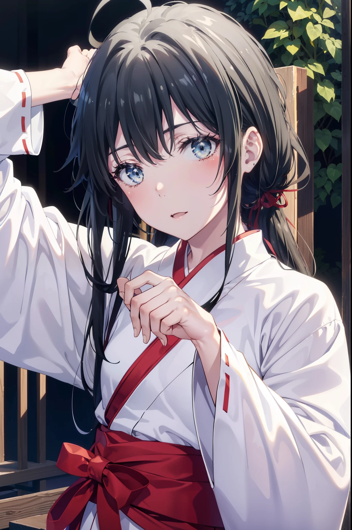 yukinoyukinoshita, Yukino yukinoshita, Black Hair, blue eyes, Long Hair,blush,smile,Open your mouth, Ahoge,Platycodon grandiflorum,Miko, White Kimono, red hakama,kimono, Thick sleeves, Long sleeve, Ribbon-trimmed sleeves, 
とてもLong Hair, Blunt bangs, Low ponytail, White tabi,Sandals,Daytime,Clear skies,whole bodyがイラストに入るように,
break outdoors, shrine,torii,
break looking at viewer,whole body, (Cowboy Shot:1.5),
break (masterpiece:1.2), highest quality, High resolution, unity 8k wallpaper, (figure:0.8), (Beautiful fine details:1.6), Highly detailed face, Perfect lighting, Highly detailed CG, (Perfect hands, Perfect Anatomy),