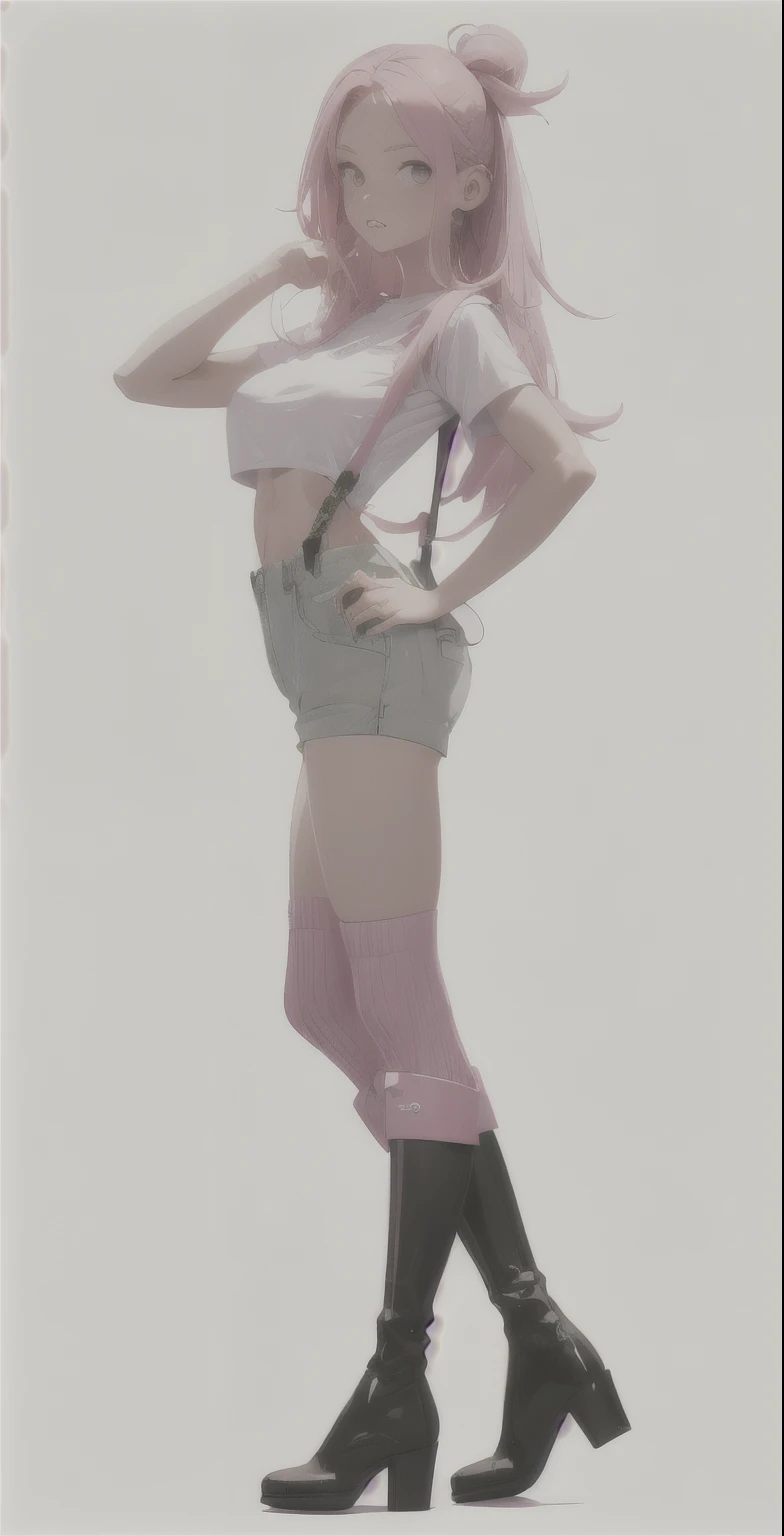 Shorts and suspenders, tight-fitting T-shirt, long boots, pink hair, 8-headed beautiful woman, background overlooking the sea from the port, high image quality, high definition