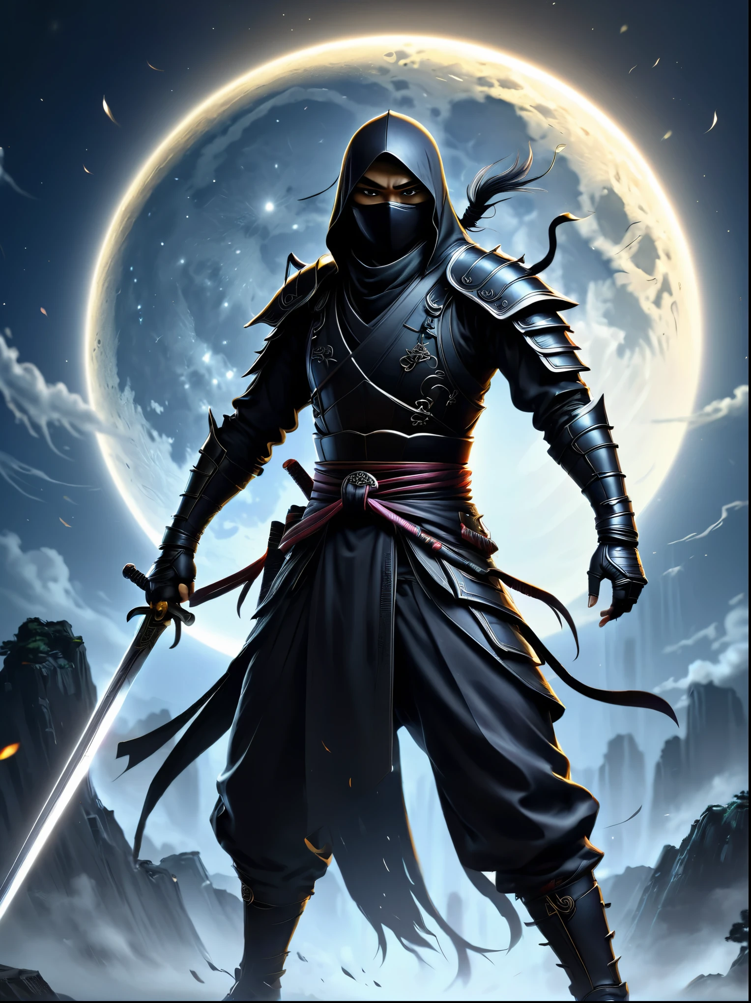  anatomically correct background, Super large night moon surrounded by dark ninjas, All black ninja gear, dynamic swing of sword(Complete long knife) Have bright and firm eyes, He holds a bright long knife，brandishing knife shadow. (The shadow of the knife gradually fades away、Vague )月光大月亮華麗暗黑氛圍光速刀影速度Vague閃光非常細緻, masterpiece, official art, Highly detailed digital art for cinematic lighting effects，fantasy art show