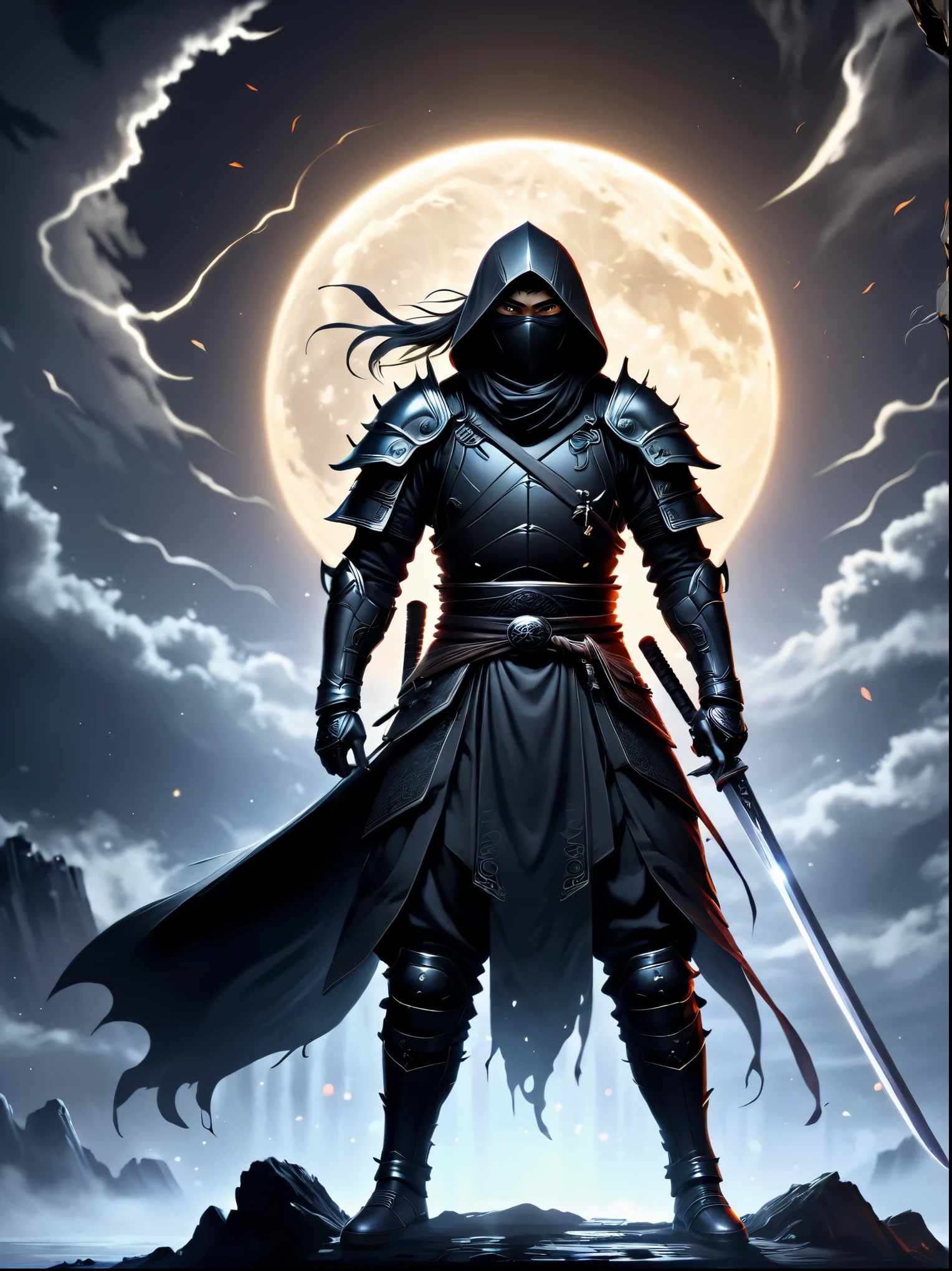  anatomically correct background, Super large night moon surrounded by dark ninjas, All black ninja gear, dynamic swing of sword(Complete long knife) Have bright and firm eyes, He holds a bright long knife，brandishing knife shadow. (The shadow of the knife gradually fades away、Vague )月光大月亮華麗暗黑氛圍光速刀影速度Vague閃光非常細緻, masterpiece, official art, Highly detailed digital art for cinematic lighting effects，fantasy art show