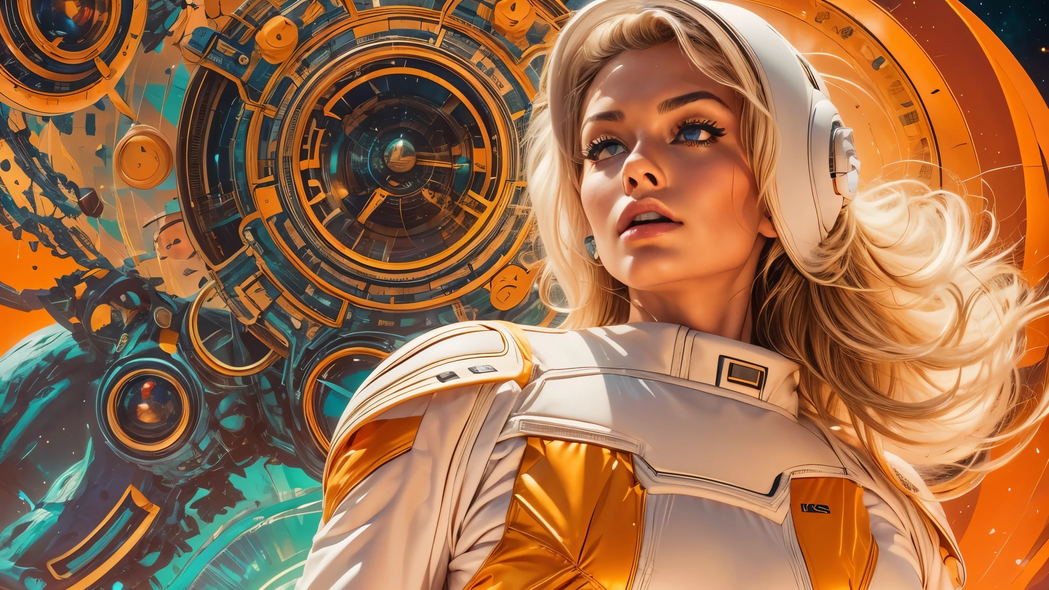 arafed image of a white woman in a futuristic suit with a spaceship in the background, movie art, in front of an orange background, inspired by Robert McGinnis, female protagonist, megastructure in the background, portrait of an ai astronaut, astronauts, an astronaut, portrait of a astronaut skeletor, perfect android girl, detailed eyes, perfectly detailed teeth, frank franzzeta and sakimichan  