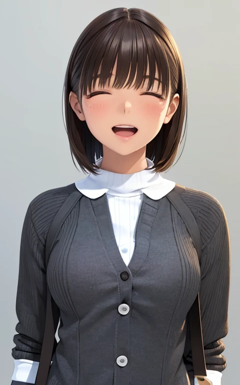 High resolution,In 8K,highest quality,detailed,Semi-realistic anime,Anime 3D Style,Smooth anime CG,One Girl,19-year-old woman in Japan,slim,Modeled,Shiny brown hair,Medium Hair,detailedな顔,Beautiful and detailed,Glowing Skin,Light turtleneck shirt,Put on a striped shirt,straggling hair,Angelic hairstyle,((close your eyes)),(Small breasts),((Open your mouth)),((Laughter))