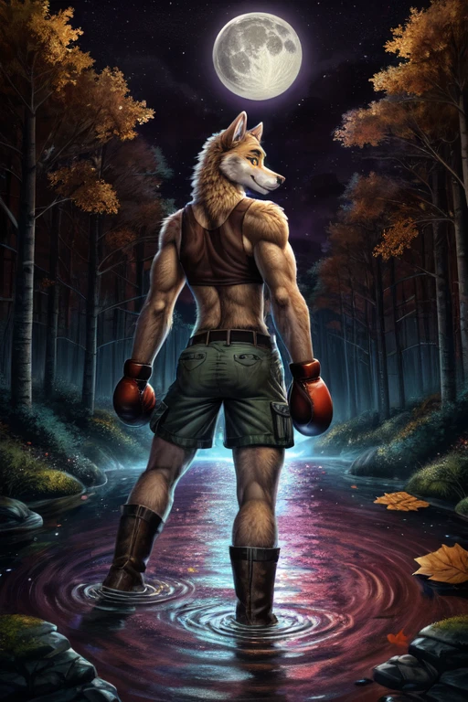 ((best quality)), ((masterpiece)), (detailed), perfect face, Furry, anthropomorphic wolf, Light Gray fur, Yellow eyes, 45" Chest, 20" shoulders, 15" Biceps, 34" waist, 24" thighs, 16" calves 19" Back, back turned away from viewer, looking back at viewer, turning around to face viewer, warm smile, gentle smile, friendly smile, extending hand to viewer, wearing white tank top, wearing green cargo shorts, wearing brown leather belt, wearing brown leather boots, wearing dark slate red-violet boxing gloves, August 31st, beginning of Autumn, forest scene, birch forest, located back behind a suburban cul-de-sac, Night Scene, Starry sky, Purple Sky, Full Moon, moon reflected in water, wading through Creek, dynamic lighting, perfect shading, soft shading, soft colors, vivid colors, pastel colors, Liminal space, dream core, nostalgia core, Anemoia, Kenopsia,