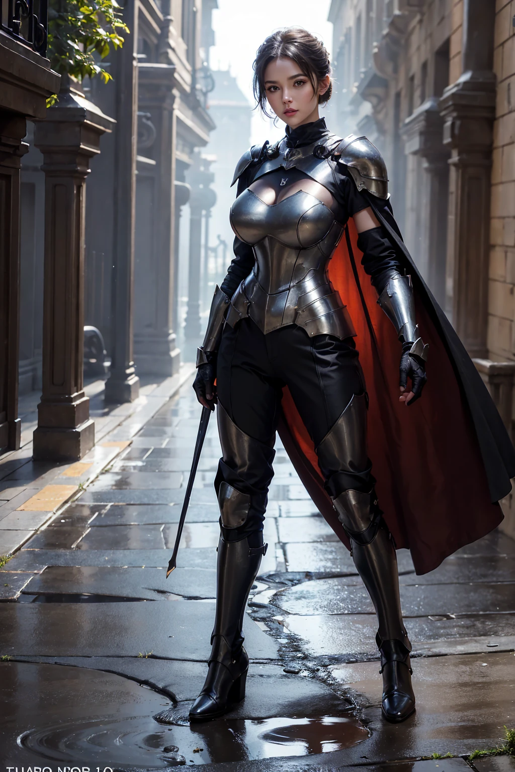 (((full image:1.5, show full body, standing:1.8, facing viewer, the front body facing directly to the front of camera, show body from head to toe))), huge breast:1.7, tall body, fit body, pale skin, ((standing perfectly)), a woman wearing (open chest) knight armor (black), pauldrons, gloves, pants, show iron boots, short hair with updo. knight, western knight, warrior. High quality:1.3, Professional lighting:2.0, realistic:1.2, 4k resolution, detailed skin, finely detail, masterpiece:1.1, centered image, outdoor.