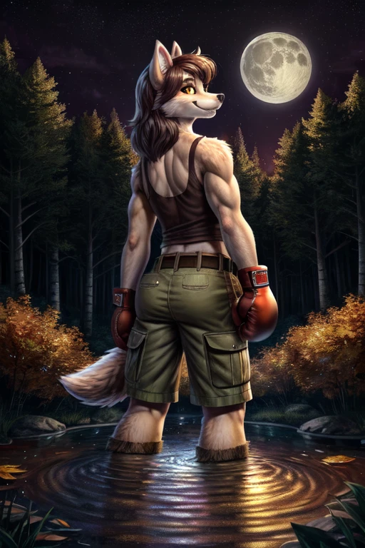 ((best quality)), ((masterpiece)), (detailed), perfect face, Furry, anthropomorphic wolf, Light Gray fur, Yellow eyes, 45" Chest, 20" shoulders, 15" Biceps, 34" waist, 24" thighs, 16" calves 19" Back, back turned away from viewer, looking back at viewer, turning around to face viewer, warm smile, gentle smile, friendly smile, extending hand to viewer, wearing white tank top, wearing green cargo shorts, wearing brown leather belt, wearing brown leather boots, wearing dark slate red-violet boxing gloves, August 31st, beginning of Autumn, forest scene, birch forest, located back behind a suburban cul-de-sac, Night Scene, Starry sky, Purple Sky, Full Moon, moon reflected in water, wading through Creek, dynamic lighting, perfect shading, soft shading, soft colors, vivid colors, pastel colors, Liminal space, dream core, nostalgia core, Anemoia, Kenopsia,