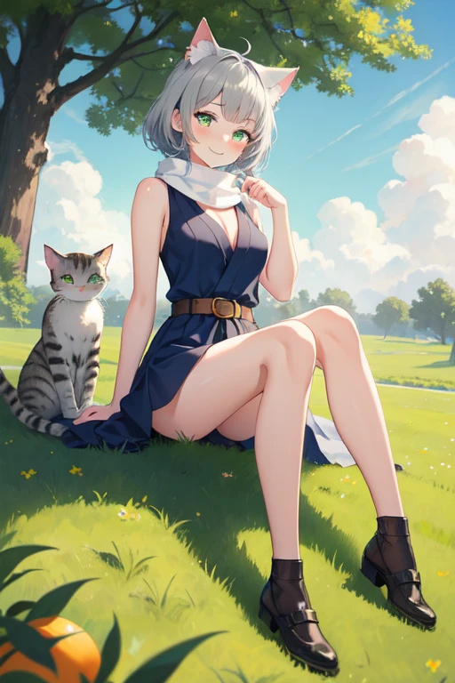 1 girl, neko girl, full body, , white skin, gray cat ears, no human ears, smiley face, happy, blushing, smiling, BLUE dress, belt, brown ninja shoes, white scarf, sitting on the grass, Under a tree, Shadow, high quality, Beautiful face, big green eyes, Green cat eyes, elongated pupils, 2-color hair, gray hair with orange details, bangs, pointed bangs, waist-length hair, tail horse, medium breasts, 2 seductive legs, tall, cat tail, gray, green landscape background, field, Sunny, sun rays, looking at me, anime