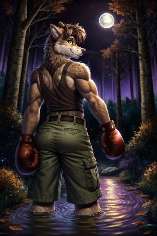 ((best quality)), ((masterpiece)), (detailed), perfect face, Furry, anthropomorphic wolf, Light Gray fur, Yellow eyes, 45" Chest, 20" shoulders, 15" Biceps, 34" waist, 24" thighs, 16" calves 19" Back, back turned away from viewer, looking back at viewer, turning around to face viewer, warm smile, gentle smile, friendly smile, extending hand to viewer, wearing white tank top, wearing green cargo shorts, wearing brown leather belt, wearing brown leather boots, wearing dark slate red-violet boxing gloves, August 31st, beginning of Autumn, forest scene, birch forest, located back behind a suburban cul-de-sac, Night Scene, Starry sky, Purple Sky, Full Moon, moon reflected in water, wading through Creek, dynamic lighting, perfect shading, soft shading, soft colors, vivid colors, pastel colors, Liminal space, dream core, nostalgia core, Anemoia, Kenopsia,