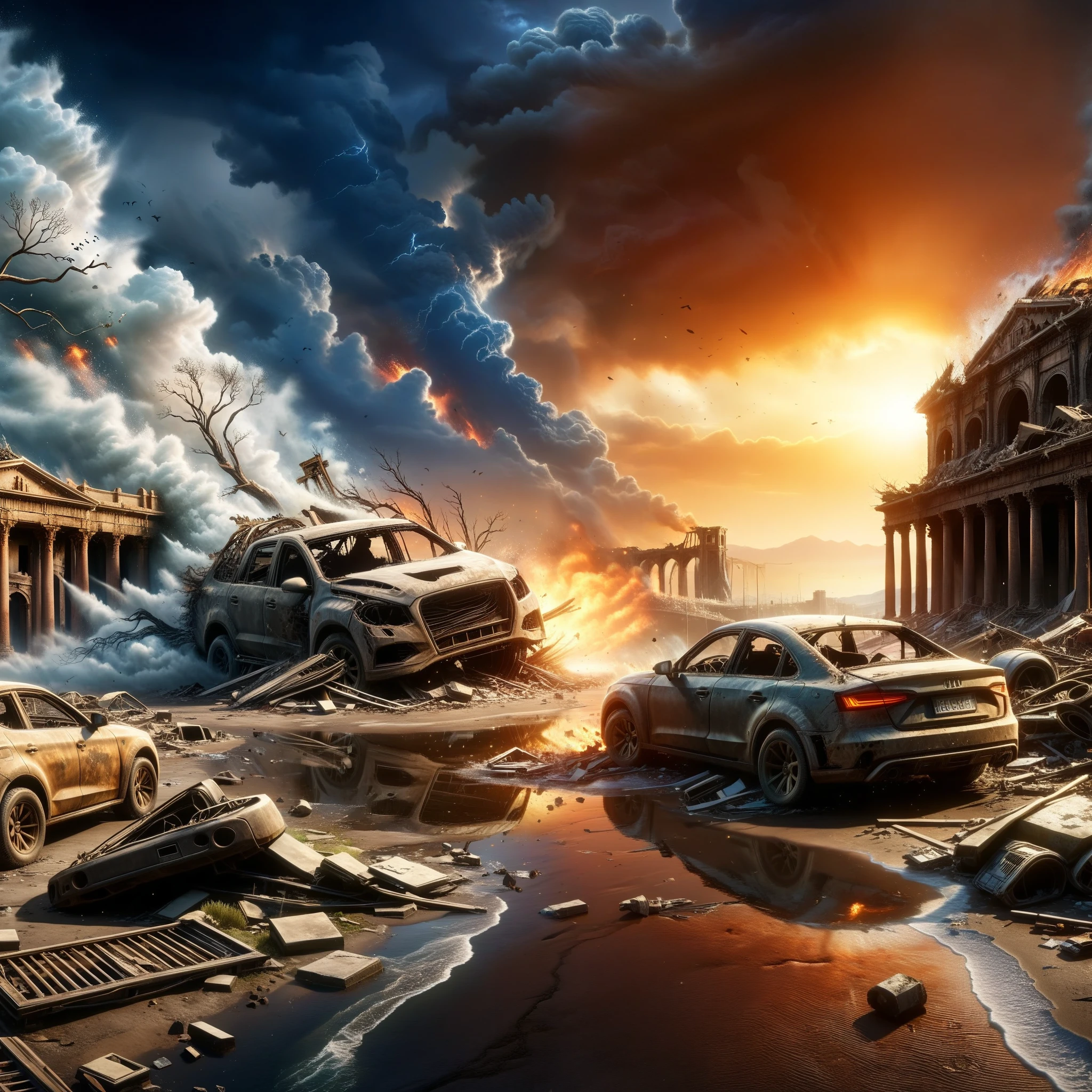 (best quality,4k,8k,highres,masterpiece:1.2),ultra-detailed,realistic:1.37,apocalyptic,ruined cities,devastation and destruction,giant tsunami,raging storms,dark skies,crumbling buildings,desolate landscapes,bleak atmosphere,collapsed bridges,abandoned vehicles,embers and smoke,ominous clouds,decay and decayed nature,lonely and deserted streets,post-apocalyptic survivors,struggling to survive,barren wastelands,fierce winds and tempests,burning ruins,desperate search for hope,flickering light in the darkness,ashes and ruins rising from the ground,ruined statues and monuments,ominous shadows in the distance,dying plants and wilted flowers=struggles against the cataclysm,hopelessness and despair,persistent human spirit,ashes and ruins rising from the ground=enduring the chaos,will to rebuild,rebirth amidst destruction,finding beauty in the aftermath,capturing the tragedy and beauty of dying worlds,overwhelming devastation and the fight for survival,spirit of resilience and determination.