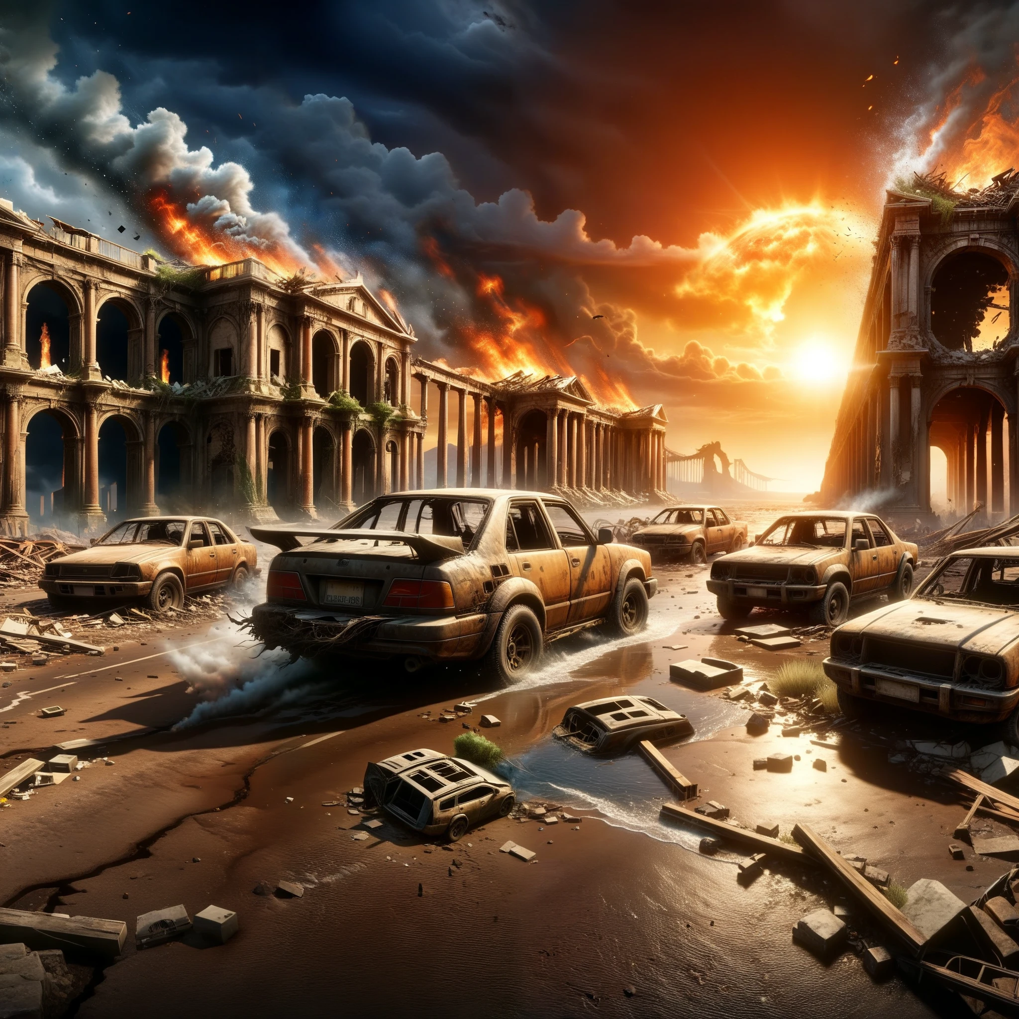 (best quality,4k,8k,highres,masterpiece:1.2),ultra-detailed,realistic:1.37,apocalyptic,ruined cities,devastation and destruction,giant tsunami,raging storms,dark skies,crumbling buildings,desolate landscapes,bleak atmosphere,collapsed bridges,abandoned vehicles,embers and smoke,ominous clouds,decay and decayed nature,lonely and deserted streets,post-apocalyptic survivors,struggling to survive,barren wastelands,fierce winds and tempests,burning ruins,desperate search for hope,flickering light in the darkness,ashes and ruins rising from the ground,ruined statues and monuments,ominous shadows in the distance,dying plants and wilted flowers=struggles against the cataclysm,hopelessness and despair,persistent human spirit,ashes and ruins rising from the ground=enduring the chaos,will to rebuild,rebirth amidst destruction,finding beauty in the aftermath,capturing the tragedy and beauty of dying worlds,overwhelming devastation and the fight for survival,spirit of resilience and determination.