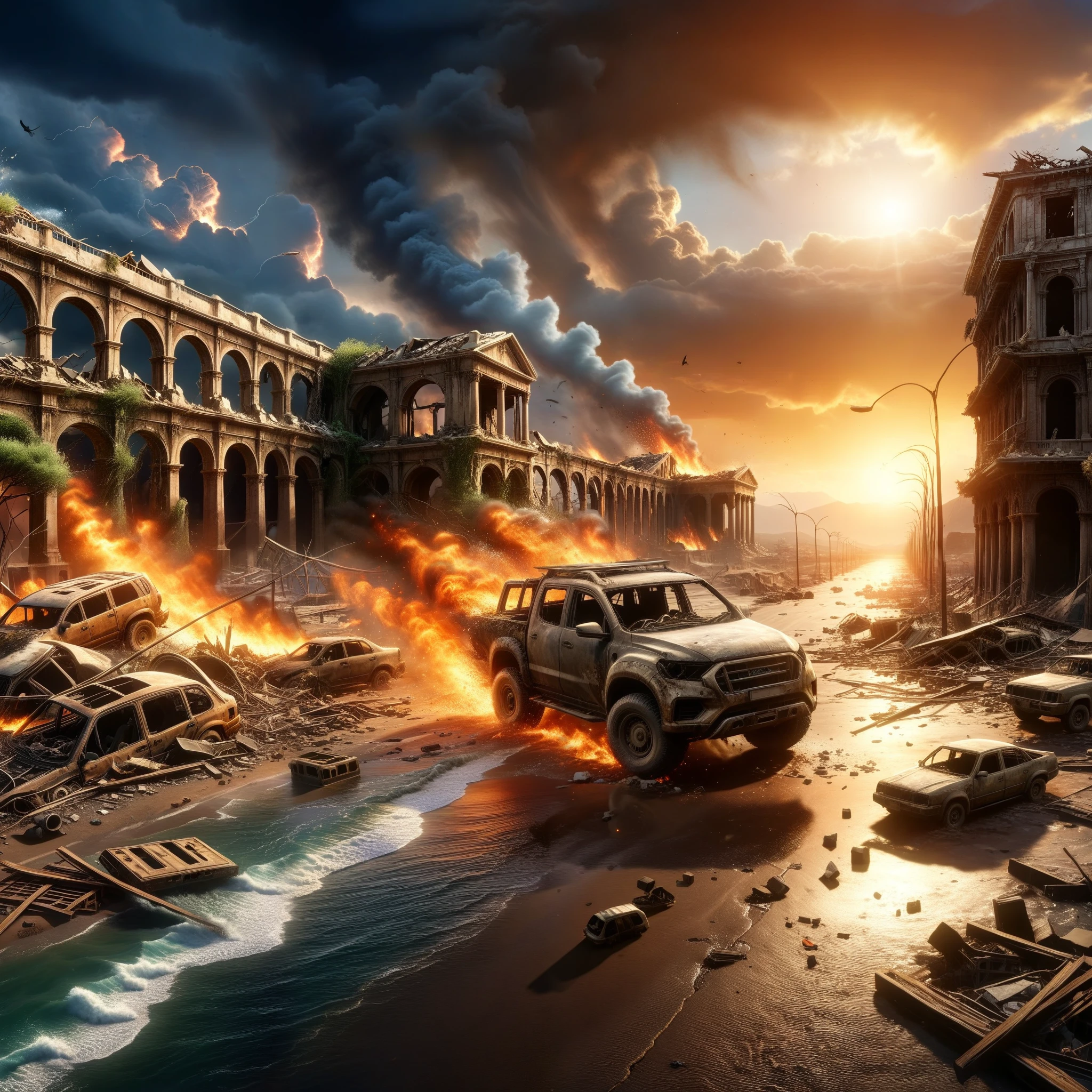 (best quality,4k,8k,highres,masterpiece:1.2),ultra-detailed,realistic:1.37,apocalyptic,ruined cities,devastation and destruction,giant tsunami,raging storms,dark skies,crumbling buildings,desolate landscapes,bleak atmosphere,collapsed bridges,abandoned vehicles,embers and smoke,ominous clouds,decay and decayed nature,lonely and deserted streets,post-apocalyptic survivors,struggling to survive,barren wastelands,fierce winds and tempests,burning ruins,desperate search for hope,flickering light in the darkness,ashes and ruins rising from the ground,ruined statues and monuments,ominous shadows in the distance,dying plants and wilted flowers=struggles against the cataclysm,hopelessness and despair,persistent human spirit,ashes and ruins rising from the ground=enduring the chaos,will to rebuild,rebirth amidst destruction,finding beauty in the aftermath,capturing the tragedy and beauty of dying worlds,overwhelming devastation and the fight for survival,spirit of resilience and determination.