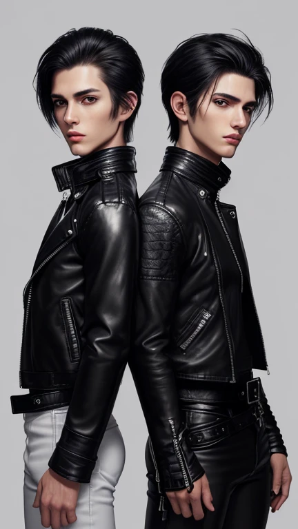 Final fantasy taste and reality graphics, ((two Japanese young cute and cool ikemen boys)), both age is early 20s, thin eyebrows and beady eyes, ((two boys, must same all clothes)), ((boys wearing off white color leather, thick and heavy material jacket)), ((jacket is single-brest)), , ,((with epaulet)), ((jacket is long sleeves)), ((zipped up, front of the leather jacket)), , ((voluminous leather jacket)), ,((jacket is must high length and stand-up collar)) ((jacket collar with two belts)), ((jacket is a little black color line pattern)), ((two boys also wearing black thick material turtleneck lackluster shirts)), ((two boys wearing tight black color long leather pants)), ((two boys put black leather tight and thin gloves on both hands)),((leather gloves is covered all full fingers)), ((two boys wearing black leather knee-high raceup boots)),((must views head-to-toe)),((must views whole body)), ,((Do not show skin from the neck down)),leather jacket leather glove and leather pants have few wrinkles, Avoid showing your innerwear,zip up jacket fastner.must put on a leather glove.
boys looks like fashion model.
((Gay boys relationship)),((two boys hold hands)),((two boys kissing gasmask-to-gasmask))
((Two boys put on black color gasmask,only covered nose and mouth area)),