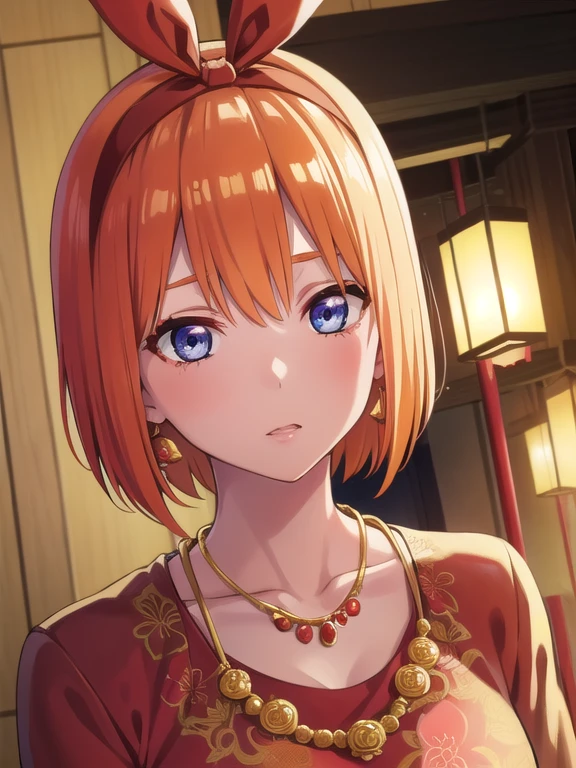 yotsubanakano, yotsuba nakano, bangs, short hair, blue eyes, hair between eyes, hair ribbon, hairband, orange hair, woman, portrait of java wedding woman in red long kebaya dress traditional, red lipstick, golden necklace, earrings, ornate, detail, flowers, look at viewer,