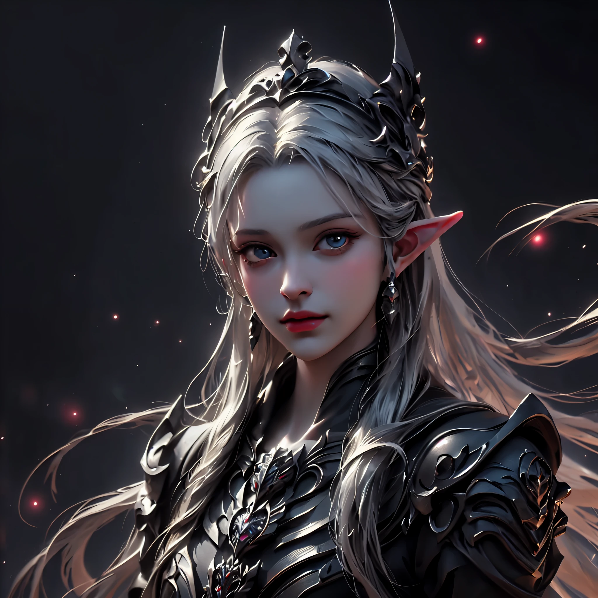 there is a woman dressed in a white and black outfit, elfa negro, elfa negro princess, drow perfeito, drow, lindo drow, drow masculino, beautiful drow feminino, elfo negro maiden, fedrow feminino elf, beautiful elfo negro countess, hahaha, Cavaleiro da morte, guarda florestal, de um elfo maligno, masterpiece, highest quality, (perfect face:1.1) , (high detail:1.1),Masterpiece, 8K, 。.3D, Realistic, Ultra-microphotography, Best quality, offcial art, True realism, lighting, Bright colors, lighting, Drama Lighting, Pretty face