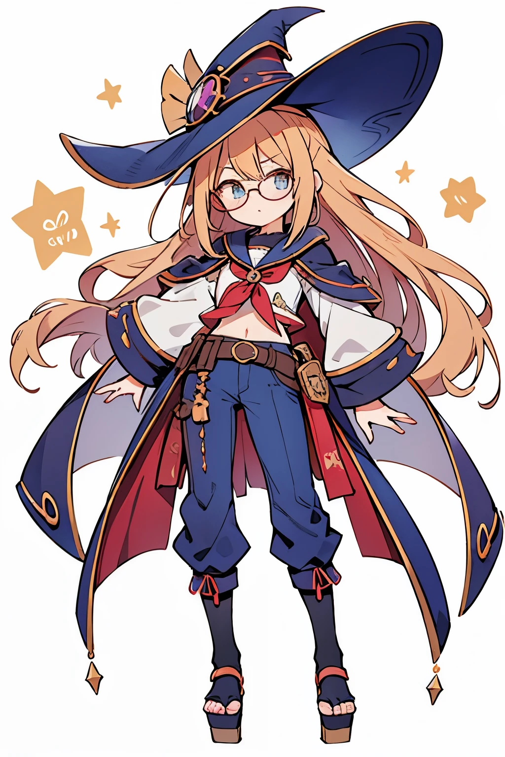 Dibuja un personaje de anime plano en color., rubia, usando gafas redondas. Ella tiene rasgos japoneses., sombrero de la dark magician girl y viste un cosplay de la maga oscura de yugioh.  She has a bust of 100 centimeters., 60 cm de cintura y 90 cm de cadera. Tus piernas son delgadas, approximately 90 centimeters long, and her delicate arms measure approximately 55 centimeters. Su altura es 1,55 metros. Your skin is clear, Classic Bob style hair, e ela usa um Dai'zenshi-fuku modificado, con pantalones cortos ajustados y escote resaltado. escote y pechos grandes, pantalones geta en los pies, calcetines blancos largos.