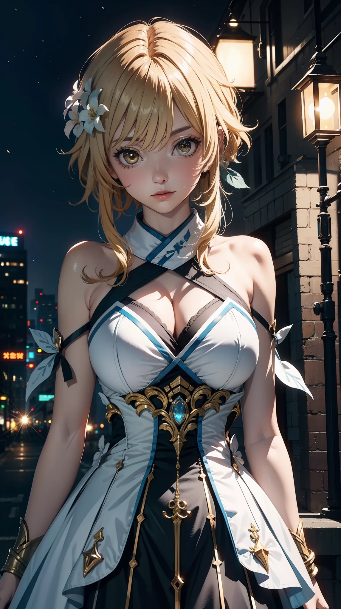 Masterpiece, ultra detail, high quality, 8k, luminedef, night, bright eyes, detail face, dynamic poses, looking at viewer, large breast, night city view, standing, upper body,