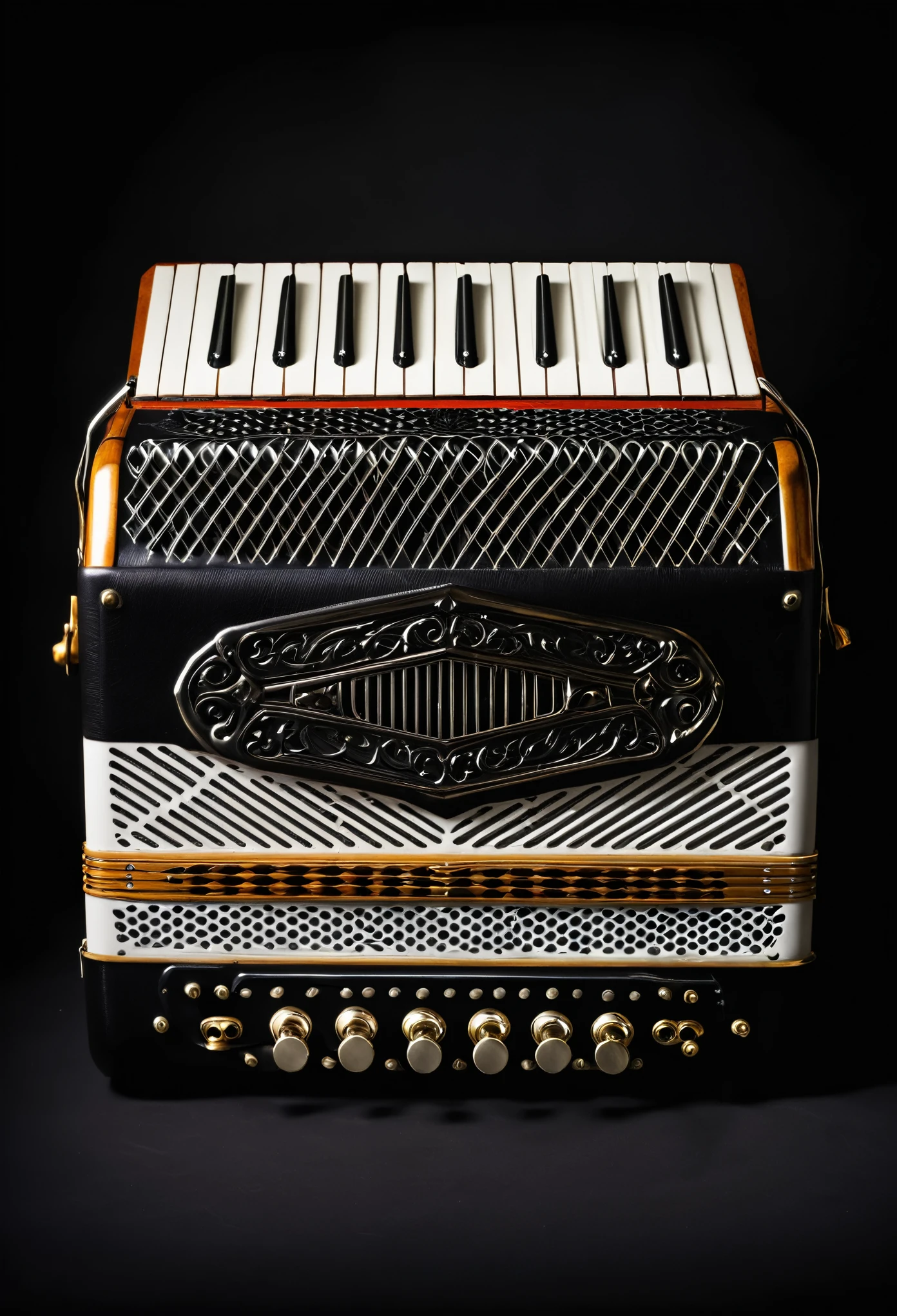 imagen de un acordeon con tirantes con fondo negro,los tirantes deben de estar en V y el instrumento musical que es el acordeon debe de estar en medio,el colo del acordeon puede ser a un solo colo de preferencia blanco