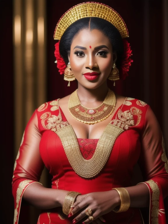 africa woman, large breasts, cleavage, photography, woman, portrait of java wedding woman in red long kebaya dress traditional, red lipstick, golden necklace, earrings, ornate, detail, flowers, look at viewer,