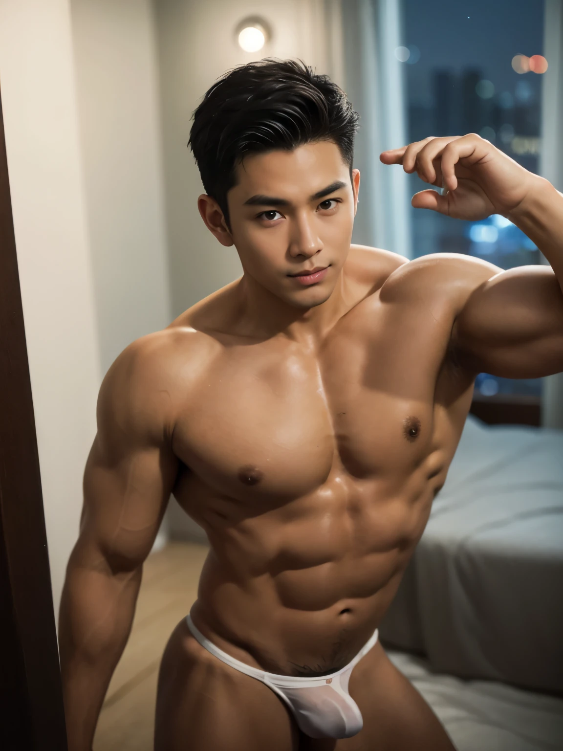 extremely handsome 30 year old filipino man, , bodybuilder, medium curtain hairstyle, gstring bikini, round bubble butt, cityscape in the background, open door, luxurious five star hotel room, ((night time)), looking directly at camera, very seductive smile, sexy posing, sexy, sensual expression, gay, homoerotic, full body, fill frame, zoomed out, highly detailed, intricate details, photorealistic, sharp focus, dim ambient lighting, extreme dramatic shadows