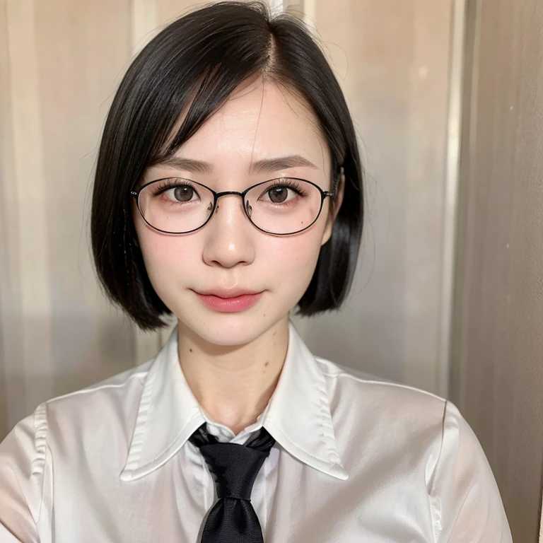 (kawaii 24year-old Japanese girl, Nogizaka idol, Korean idol), (glossy black hair, very short hair, pixie cut:1.3), (rounded face, black eyes, single eyelid, no makeup, soft smiling:1.2), (wearing glasses, highschool uniforms, silky white collared shirt, necktie:1.3), (flat chest, extra small breasts:0.8), (looking at viewer:1.2), BREAK, (sunny day outside background:1.3), (view from forward, portrait, close shot:1.3), BREAK, (masterpiece, best quality, photo realistic, official art:1.4), (UHD, 8K quality wallpaper, high resolution, raw photo, golden ratio:1.2), (shiny skin), professional lighting, physically based rendering, award winning, (perfect anatomy, highly detailed skin, extremely detailed face and eyes), Carl Zeiss 85 mm F/1.4, depth of field, 1girl, solo,