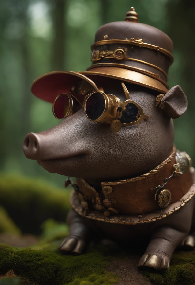 A whimsical pig character wearing a weird, Steampunk hat and goggles, Different audiences in a magical forest environment, Exudes a sense of wonder and charm, sculpture, 精雕细琢的手工sculpture,Steampunk-style details, --with 1:15 marks