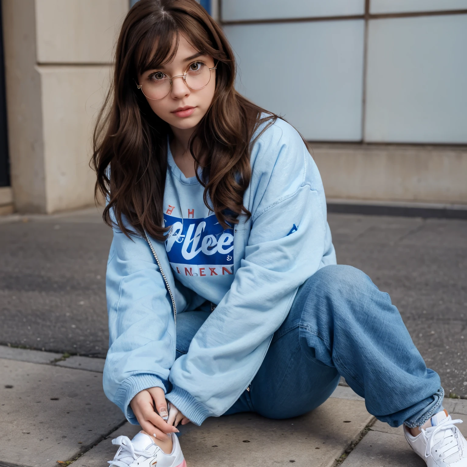 A girl with medium brown hair, hazel eyes with a blue scar on her right eye, blue glasses, blue sweater jacket with a Melanie Martinez shirt on, Star jeans & white Jordan sneakers