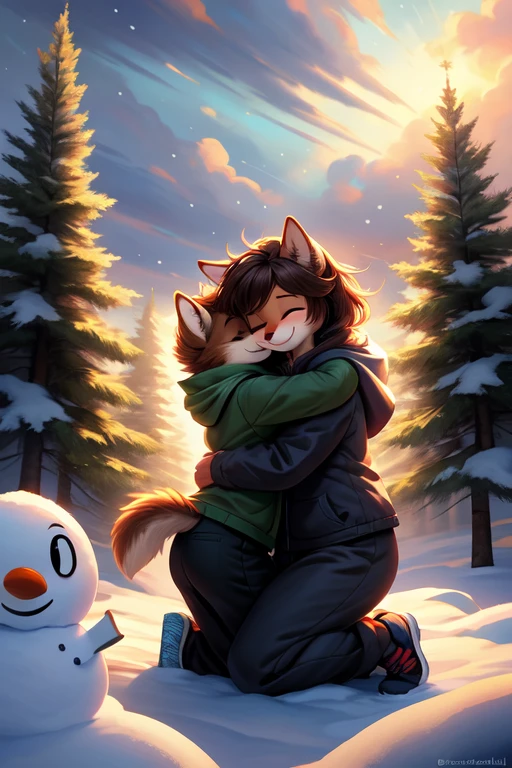 ((best quality)), ((masterpiece)), (detailed), perfect face, Furry, anthropomorphic wolf, Russet brown fur, dark brown hair, dark green eyes, 6'1 and 173 lbs, 41" Chest, 19" Shoulders, 13" Biceps, 32" waist, 23" Thighs, 15" Calves, 19" Back, wearing Spring Green Anorak, wearing fur lined Anorak, wearing black sweat pants, wearing dark slate gray slip on shoes, Winter scene, forest scene, birch forest, located back behind a suburban cul-de-sac, cloudy skies, gray skies, crepuscular rays, twilight, on knees, eyes closed, warm smile, gentle smile, comforting smile, gently hugging snowman, beside snowman, to the left of snowman, dynamic lighting, perfect shading, soft shading, soft colors, vivid colors, pastel colors, Liminal space, dream core, nostalgia core, Anemoia, Kenopsia
