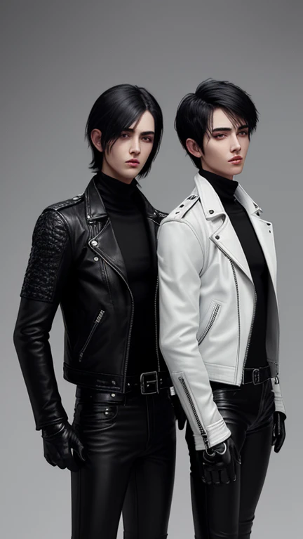 Final Fantasy-style graphics, young, Two cute and cool Japanese boys, Thin eyebrows and big eyes, They are both wearing shiny white single-breasted leather jackets..。Biker style leather jacket、 with epaulettes, The jacket is zipped up, The jacket pockets are black., The jacket has a high stand-up collar with a belt,They both also wore black turtlenecks., They both wore black leather pants., Both of them were wearing thin black leather gloves., They both wore black leather knee-high lace-up boots., Please show us your whole bodies, both of you, from head to toe., Final Fantasy Style、((Two handsome guys))、((Clear eyes and nose))、((Shiny white single leather jacket))、((The jacket must be white))((The jacket has epaulettes))、((The jacket has a high stand-up collar and is belted.))、((The jacket has a black pocket))、((Black turtleneck shirt))、((Shiny black leather pants))、((Shiny black leather gloves on both hands))、((Black lace-up leather long boots))、((Both of them are dressed exactly the same))、((View a head-to-toe image in the distance))、Realistic image quality and texture、In a small cell、close your eyes、Has a gentle smile、((The jacket is closed with a zipper))、((No exposed skin below the neck))、((Standing side by side))、