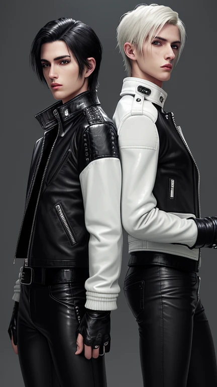 Final Fantasy-style graphics, young, Two cute and cool Japanese boys, Thin eyebrows and big eyes,  They are both wearing shiny white single-breasted leather jackets..。Biker style leather jacket、 with epaulettes,  The jacket is zipped up, The jacket pockets are black., The jacket has a high stand-up collar with a belt,They both also wore black turtlenecks., They both wore black leather pants., Both of them were wearing thin black leather gloves., They both wore black leather knee-high lace-up boots., Please show us your whole bodies, both of you, from head to toe., Final Fantasy Style、((Two handsome guys))、((Clear eyes and nose))、((Shiny white single leather jacket))、((The jacket must be white))((The jacket has epaulettes))、((The jacket has a high stand-up collar and is belted.))、((The jacket has a black pocket))、((Black turtleneck shirt))、((Shiny black leather pants))、((Shiny black leather gloves on both hands))、((Black lace-up leather long boots))、((Both of them are dressed exactly the same))、((View a head-to-toe image in the distance))、Realistic image quality and texture、In a small cell、close your eyes、Has a gentle smile、((The jacket is closed with a zipper))、((No exposed skin below the neck))、((Standing side by side))、