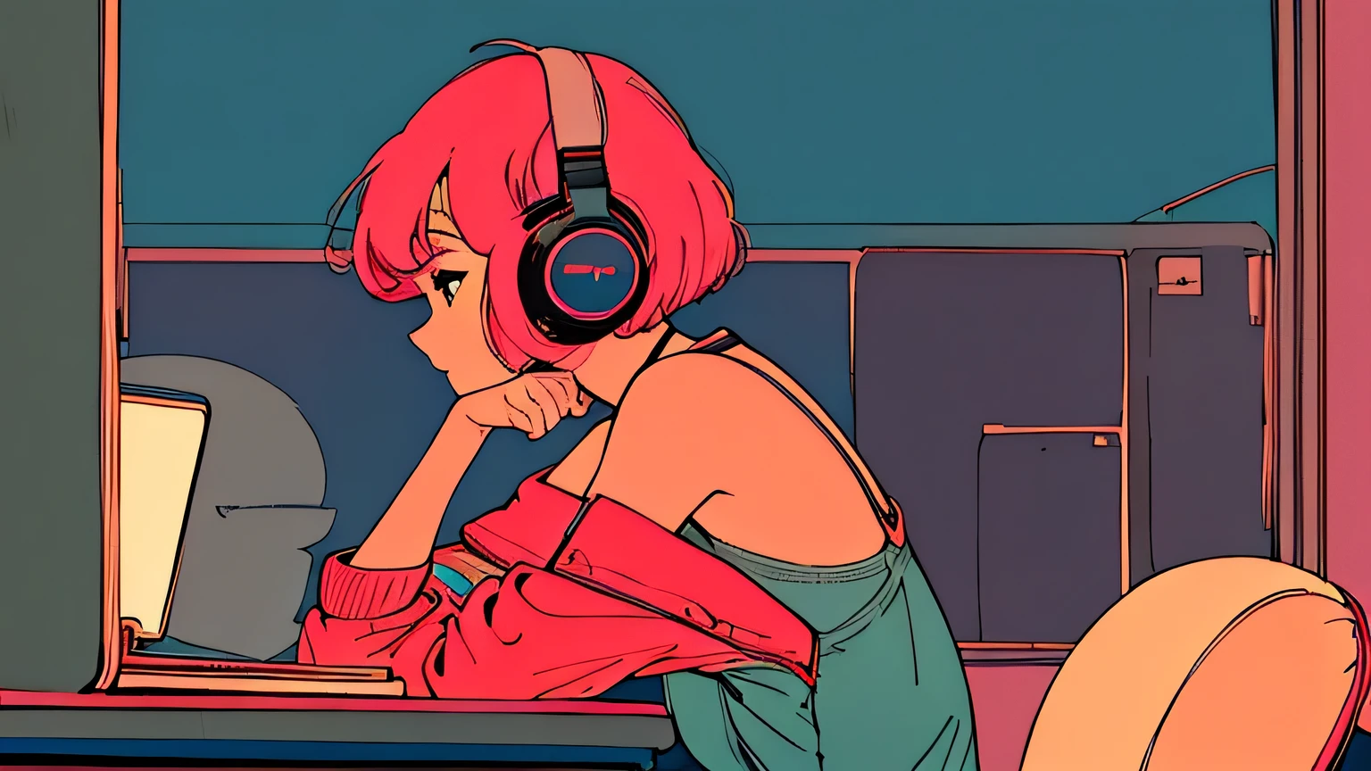 city pop style art, shoulder length pink Hair, fluffy bob cut, wearing headphones, Futuristic yet lofi, retro, vintage, Ghost,master piece, (( side shot)), sitting at the desk and concentrating on studying, Laptop and coffee on the desk, (( midnight )), (( looking down ))