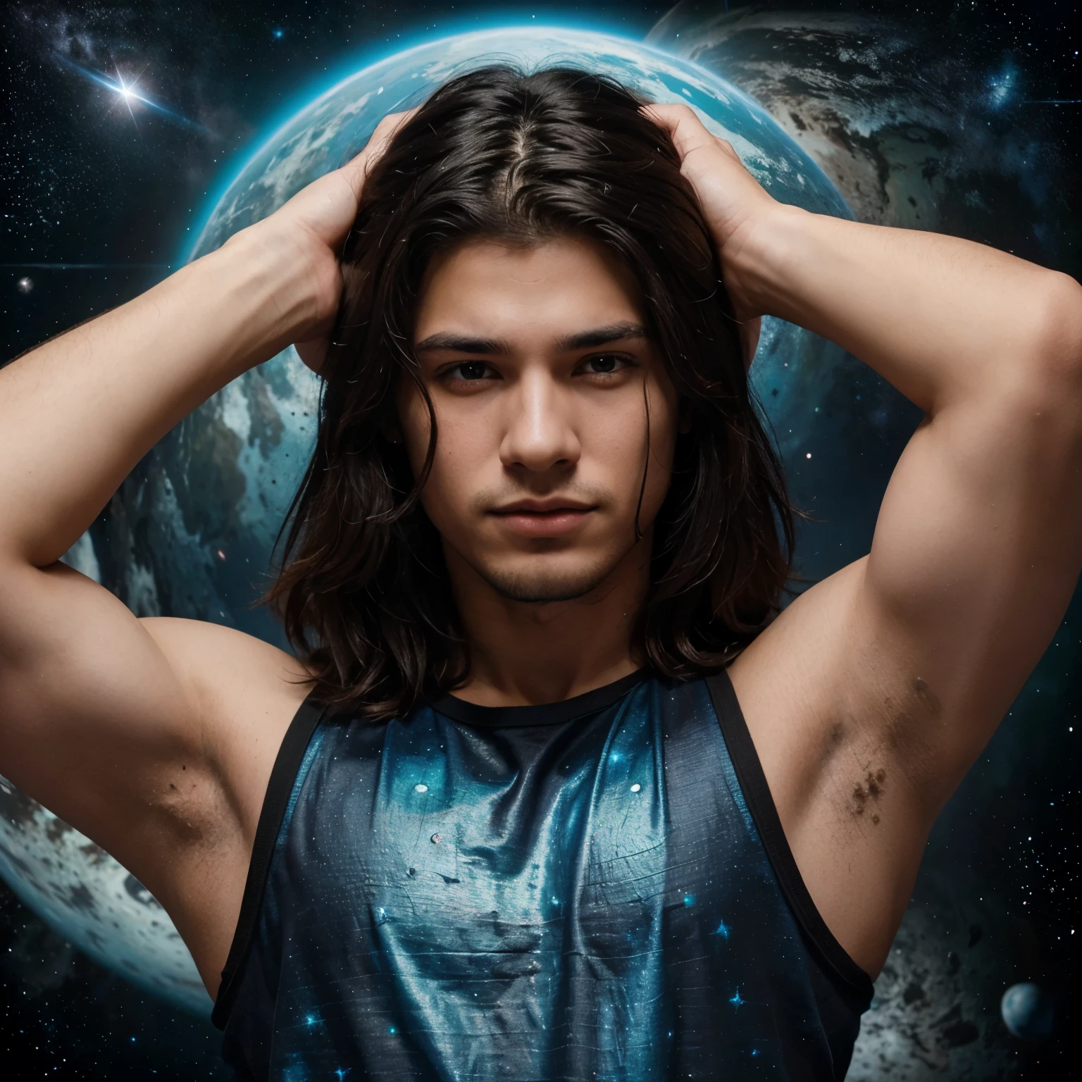 Un adolescente hombre agarrando una galaxia con sus manos que tengo cabello negro y ojos azules un ser muy poderoso 