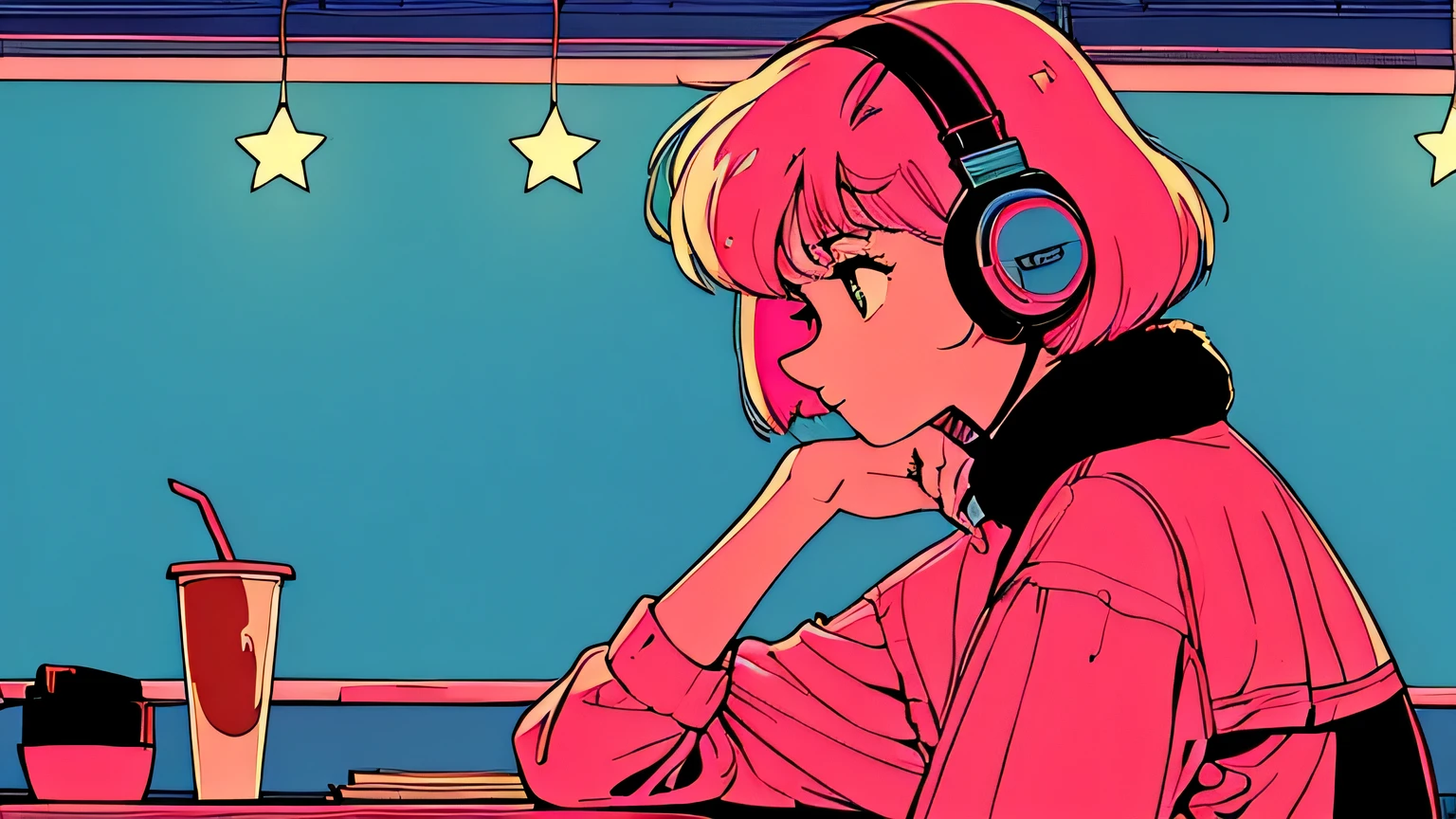city pop style art, shoulder length pink Hair, fluffy bob cut, wearing headphones, Futuristic yet lofi, retro, master piece, (( side shot)), sitting at the desk and concentrating on studying, Laptop and coffee on the desk, (( midnight )), There are many stars outside the window) (( looking down ))
