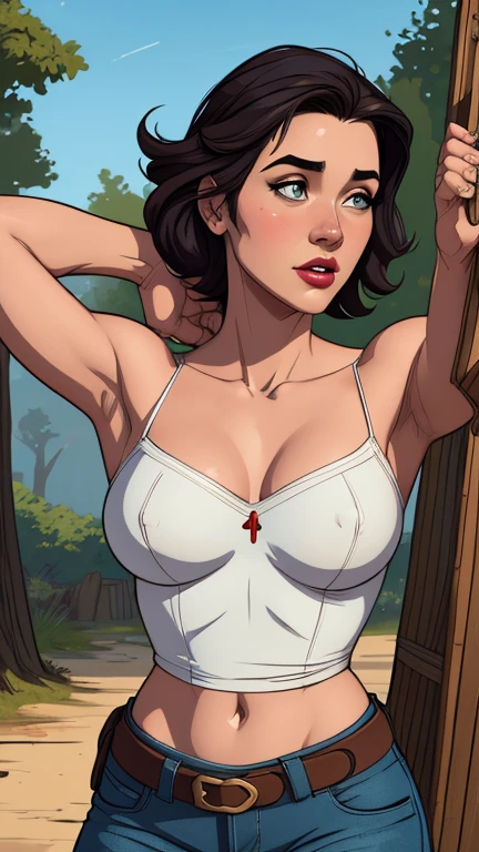 Personagem mulher estilo atompunk Fallout 4 Jennifer Connelly le com marcas de guerras Imagem de desenho animado de uma mulher .Ilustra??o estilo desenho animado, estilo de arte dos desenhos animados, estilo de arte dos desenhos animados, digital illustration style, estilo atompunk design de personagens altamente detalhado, arte digital detalhada coragem, Forest fan art, Design de personagens de retrato, beautiful digital illustration, retrato de alta qualidade, Arte em quadrinhos, mulher jovem cabelo com transas lindas . Queen Anna of ArendelleBeautiful lined eyes Medium large bust and wonderful sexy clothes. image expression of sexual desire from waist to head illustration Queen Anne of Arendelle atompunk style Fallout 4