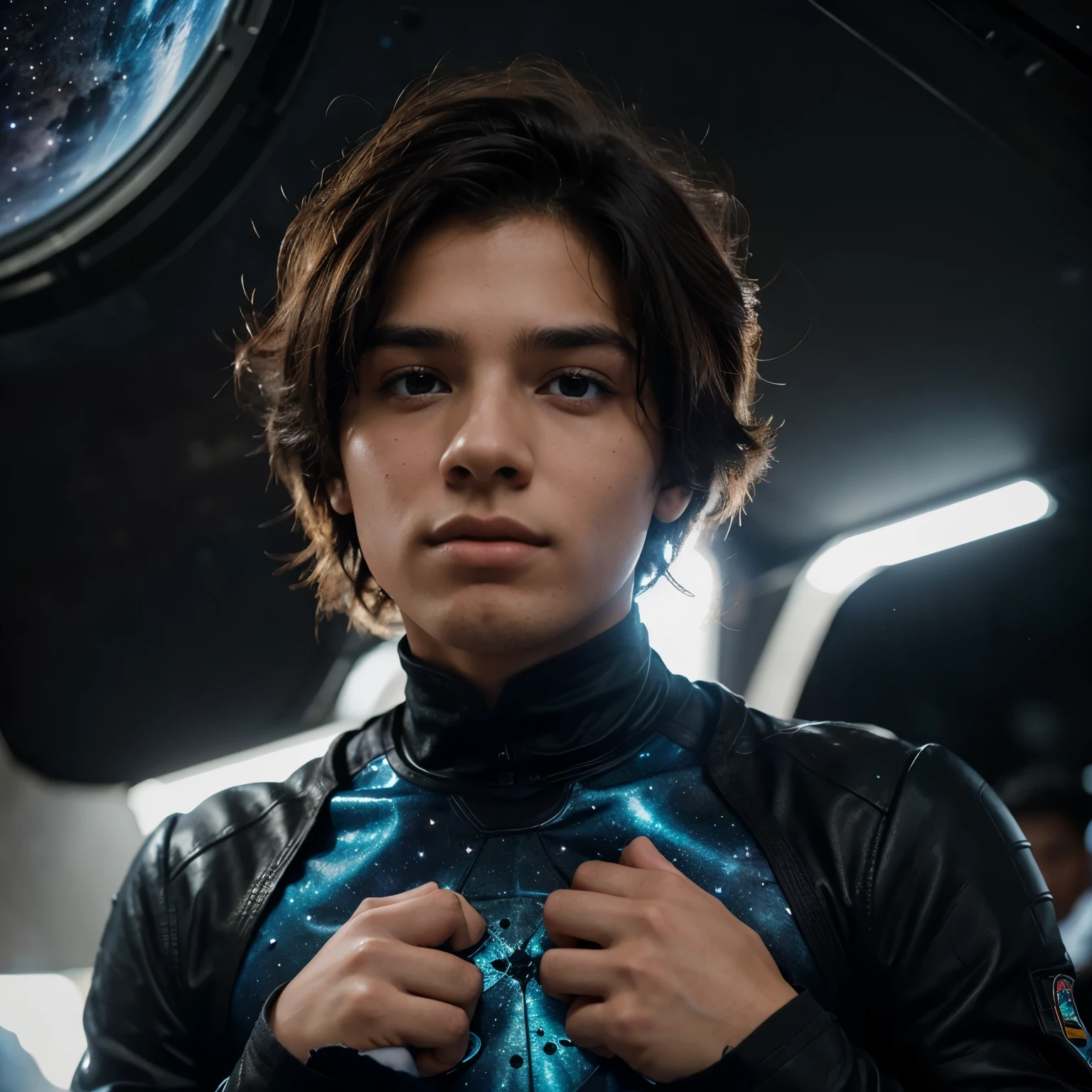 Un adolescente hombre agarrando una galaxia con sus manos que tengo cabello negro corto y ojos azules un ser muy poderoso 