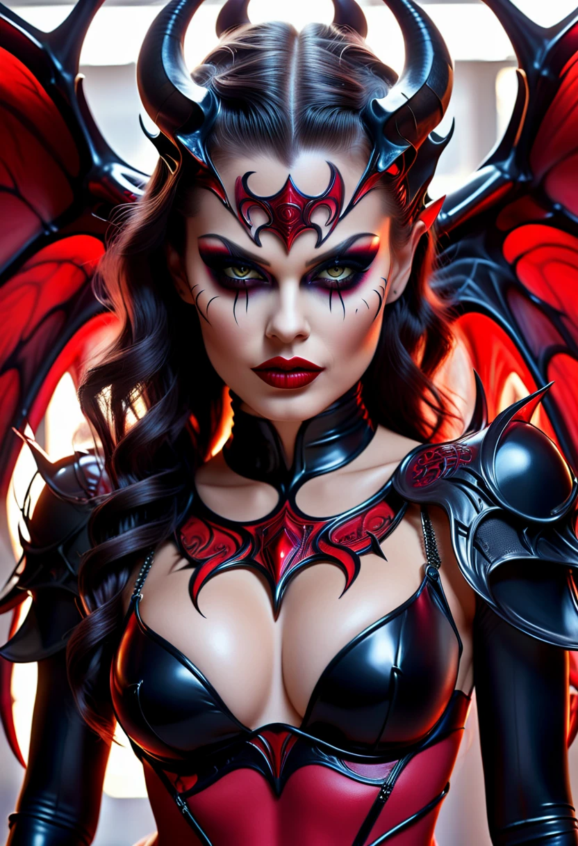 Hyper realistic hr giger tattooed devil girl, beautiful seductive facial expression, gorgeous perfect face, perfect ruby skin, large curled devil horns, think curved jet dark eyebrows, long luscious eyelashes, thick dark eyeliner, jet dark eye shadow, thick jet dark lipstick, , thin detailed little nose, high cheek bones, small areolas, small perky dark nipples, large voluptuous curved breasts, sexy seductive waist, seductive hips, demonic devil lingerie, large detailed demon wings, hyper realistic detailed neon ruby eyes,
