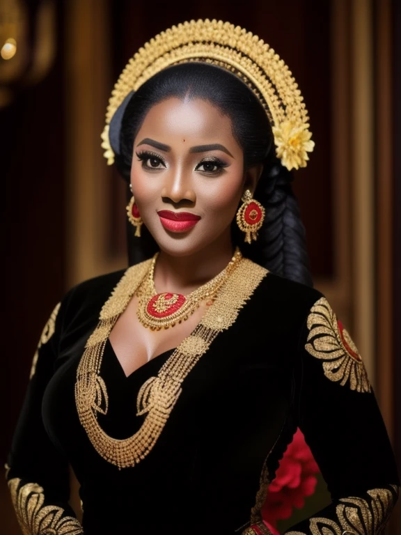africa woman, large breasts, cleavage, photography, woman, portrait of java wedding woman in black long kebaya dress traditional, red lipstick, golden necklace, earrings, ornate, detail, flowers, look at viewer,