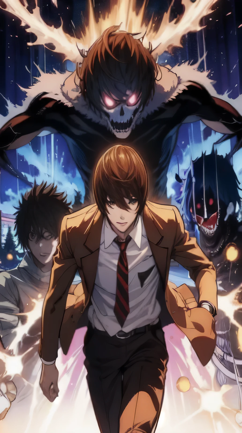 Realistis character with a red tie and a brown jacket walking in front of a blue background, yagami light, light yagami, death note, death note style, death note ， d & d, Realistis wallaper, hd  wallpaper, l · lawliet, lighting